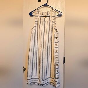 Anthropologie Cream and Navy Striped Button-Trim Midi Dress